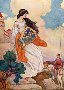 La princesse Iseult avec le bouclier de Sir Tristram de Lyonesse (lithographie couleur) - Harry George Theaker