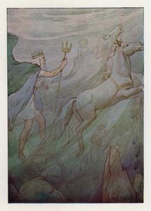 Le roi des mers dans son char étincelant, tiré par des chevaux verts (lithographie en couleurs) - Harry George Theaker
