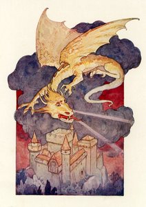 "Le dragon déploya ses ailes et resta suspendu, en équilibre, au-dessus du château" (lithographie couleur) - Harry George Theaker