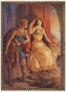 "La dame découvrit son visage", The Loathly Lady and the Gallant Knight (lithographie couleur) - Harry George Theaker