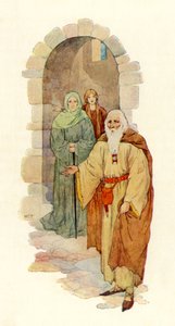 Le vieil homme invite le chevalier à entrer dans le palais en ruine (lithographie couleur) - Harry George Theaker