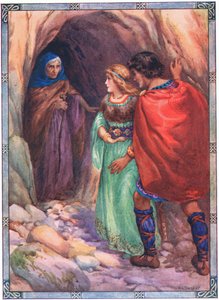 Ils arrivèrent à une grotte au bord de la mer (de Diarmud et Grania) (lithographie couleur) - Harry George Theaker