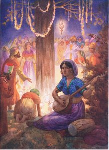Ils venaient avec des guirlandes, des lampes et de la musique. De la colonne des rois, illustration tirée de "Childrens Stories from Indian Legends", vers 1930 (lithographie en couleur) - Harry George Theaker