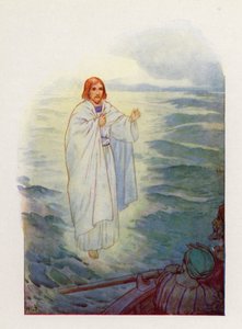 En marchant sur la mer agitée, les pêcheurs ont vu la figure de Jésus (lithographie couleur) - Harry George Theaker