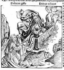 Élie monte dans un char de feu, laissant son domaine à Élisée. Hartmann Schedel : Chronique de Nuremberg. Nuremberg 1497 - Hartmann Schedel