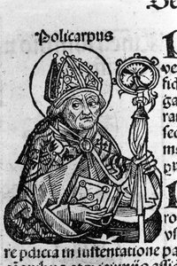 Portrait de Saint Polycarpe de Smyrne, évêque. Gravure des « Chroniques de Nuremberg » par Schedel Hartmann - Hartmann Schedel