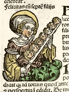 Représentation de Sainte Félicité, martyre à Rome avec les têtes de ses sept enfants. Xylographie de Hartmann Schedel « Chroniques de Nuremberg » 1493
