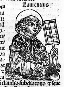 Saint Laurent tenant dans sa main le gril, instrument de son martyre. Gravure du « Liber Chronicarum » de Hartmann Schedel