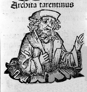 Le philosophe grec Archytas de Tarente (435-347 av. J.-C.) philosophe pythagoricien, mathématicien, astronome. Xylographie de "Chroniques de Nuremberg" par Hartmann Schedel