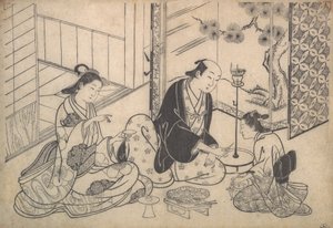 Intérieur, Trois figures : Fête de saké, vers 1730 - Hasegawa Mitsunobu