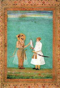 Empereur Shah Jahan et un courtisan âgé avec un faucon, vers 1650