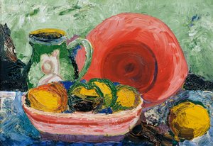 Nature morte avec assiette rouge, cruche et citron - Hedwig Wagner