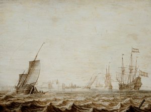 Un Wijdschip abaissant la voile dans une mer agitée, milieu du 17ème siècle - Heerman Witmont