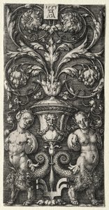 Un vase entre deux figures chimériques