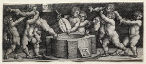 Huit enfants nus à un puits