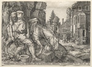 La parabole du bon Samaritain : Le bon Samaritain mettant le voyageur sur son âne