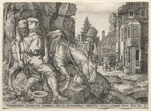La parabole du bon Samaritain : Le bon Samaritain mettant le voyageur sur son âne, 1554 - Heinrich Aldegrever