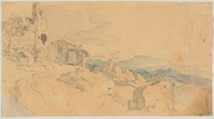 Paysage de montagne avec cabane et ruine