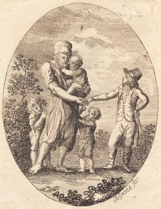 Un homme donne une pièce à boire à un homme avec deux enfants - Heinrich Grosch
