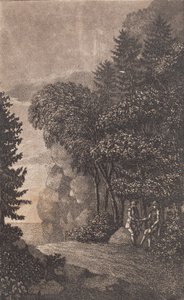 Paysage avec des rochers et de grands arbres, à droite deux hommes - Heinrich Grosch