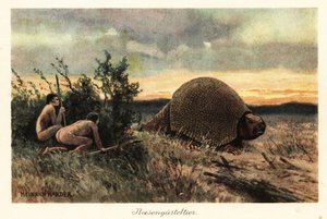 Hommes primitifs avec des lances chassant un glyptodon