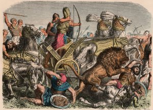 Égypte ancienne : Pharaon Ramsès II combattant les lions de guerre de l
