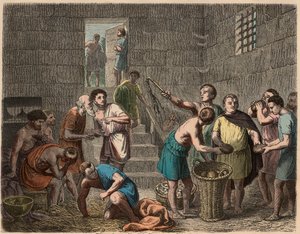 Rome antique : distribution de nourriture aux esclaves le soir, 1866