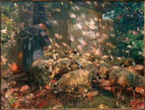Berger avec moutons devant l