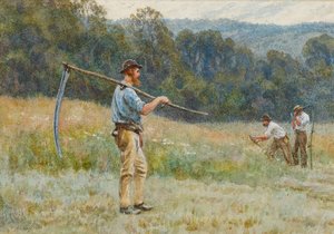 Fauchage de foin dans les collines du Surrey - Helen Allingham