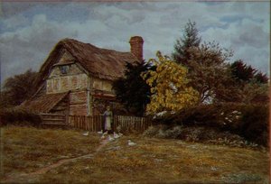 Laburnum Cottage : une femme nourrissant des canards