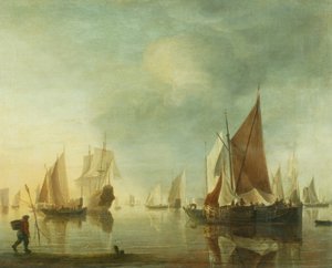 Navires au mouillage en mer calme; lumière du soir, c.1650-60 - Hendrick Dubbels