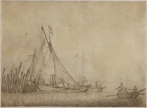 Navires à un barrage de pêche avec une ville en arrière-plan - Hendrick Dubbels