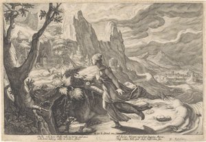 Thisbé fuit devant la lionne - Hendrick Goltzius (workshop of)