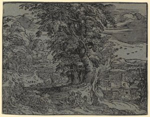 Paysage avec couple assis et berger, planche 2 de la série « Quatre petits paysages » - Hendrick Goltzius