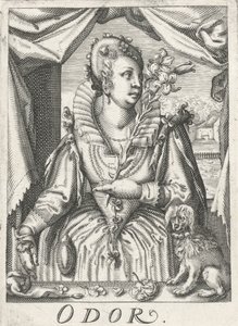 Odorat, une femme avec une branche de fleurs - Hendrick Hondius (rejected attribution)