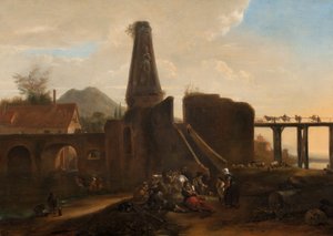 Voyageurs au repos à côté de ruines classiques