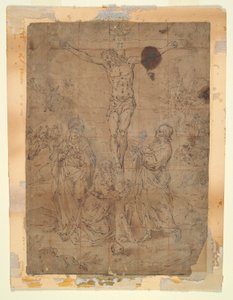 Christ en croix entre la Vierge et Saint Jean avec des scènes de la Passion en arrière-plan - Hendrick de Clerck