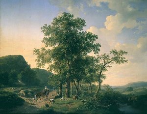 Paysage boisé avec paysans et animaux