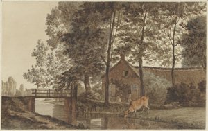 Ferme avec vache buvant à la Biltstraat à Utrecht - Hendrik Abraham Klinkhamer