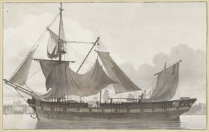 Trois-mâts sous gréement de fortune, entrant dans un port avec un vent faible