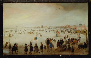 Patineurs, golfeurs, dames et messieurs élégants sur des eaux inondées gelées près de la Broederpoort à Kampen - Hendrik Avercamp