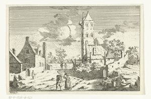 Vue de village avec maisons et tour sur un chemin de sable avec des figures - Hendrik Berg