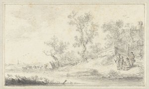 Landschap met een groep van vier personen, links vee - Hendrik Chalon