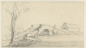Paysage avec pont de pierre en ruine