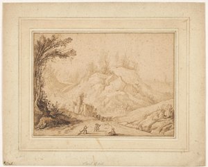 Paysage montagneux avec figures sur un chemin près d