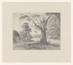 Paysage avec un arbre et une cabane avec cheval et chariot et deux personnages - Hendrik Huygens (signed by artist)