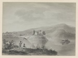 Vue sur une rivière avec quelques maisons, peut-être Berg en Dal