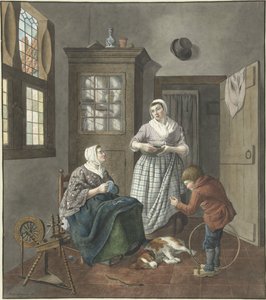 Intérieur avec femme cousant, servante et garçon jouant - Hendrik Jan van Amerom