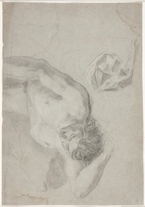 Étude de modèle masculin, allongé sur le dos, étude de genou et de draperie