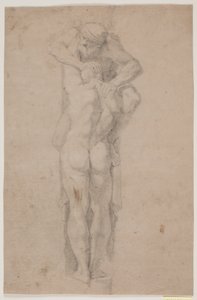Figure masculine debout, tenant (ou pressée) par un homme barbu